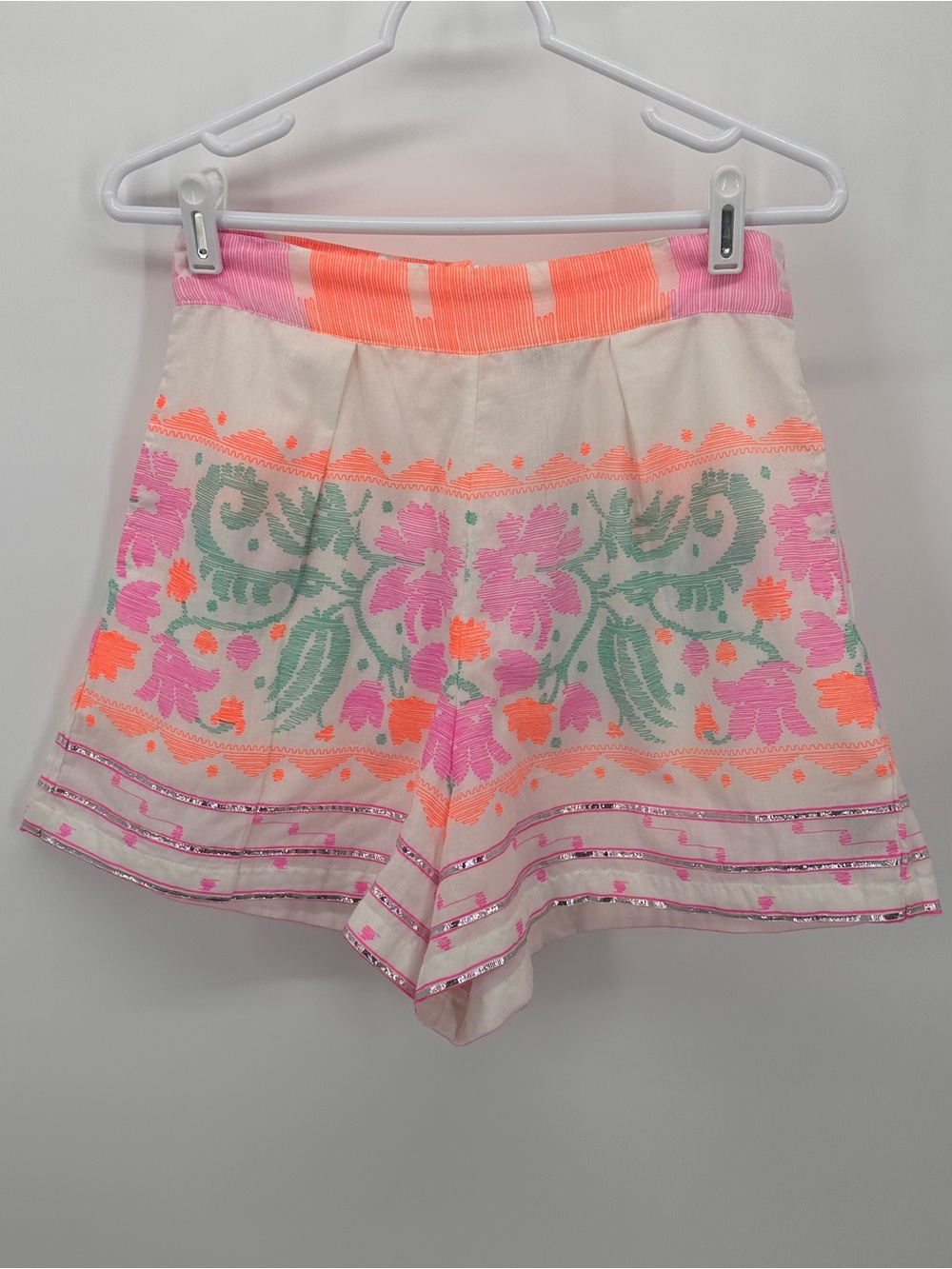 Juliet Dunn Cream Shorts with Pink, Coral & Mint Floral Embroidery